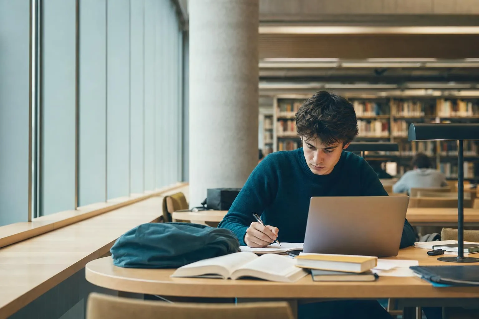 Student taking focused study notes beside a laptop